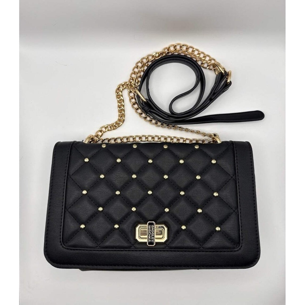 Black Diamond Quilted Crossbody Handbag Gold Stud Chain Flap Turnlock Baddie Bag